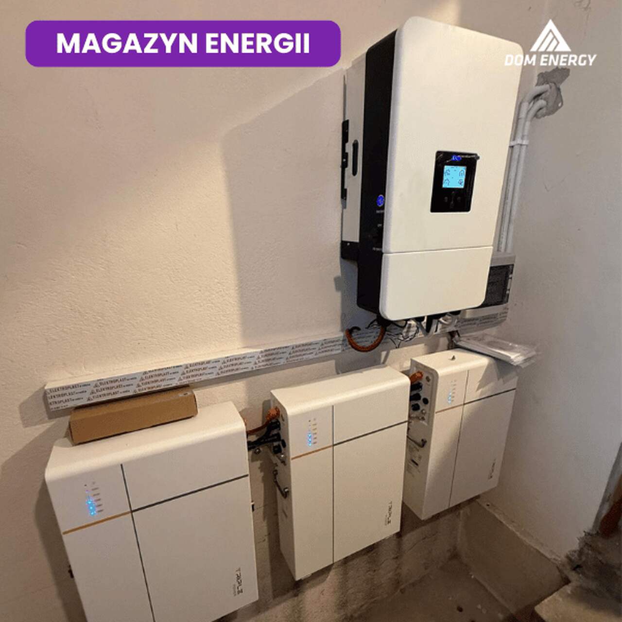 Kompletna instalacja magazynu energii Deye z inwerterem hybrydowym i trzema modułami baterii w Radomiu.